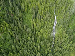 USA, North America, Alaska Prints: USA, Alaska, Juneau, Taku Harbor State Marine Park, Aerial view of waterfall