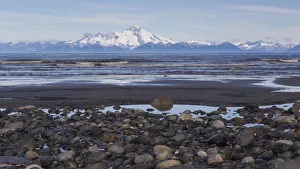 Surf Prints: USA, Alaska, Kenai Peninsula. Seascape with Mount Redoubt and beach