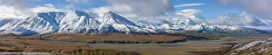 USA, North America, Alaska Gallery: USA, Alaska. Panoramic view of Fall colors in Denali National Park with clouds shrouding