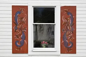 Petersburg Prints: USA, Alaska, Petersburg. Close-up of rosemaling paintings on window shutters of Sons of Norway Hall