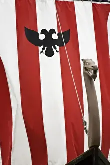 Petersburg Prints: USA, Alaska, Petersburg. Close-up of sail and bow of model Norwegian Viking ship