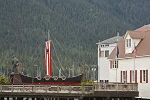 Images Dated 21st August 2008: USA, Alaska, Petersburg. A model Viking ship in front of the Sons of Norway Hall