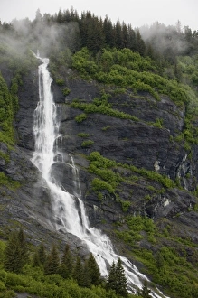 Rainy Prints: USA, Alaska, Prince William Sound, Waterfall in rainforest along Harriman Fiord