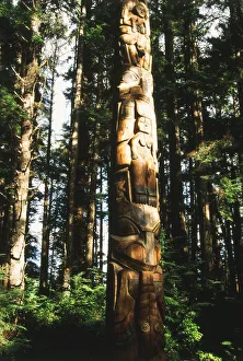 Tribal Prints: USA, Alaska, Suka, Totem pole in rainforest