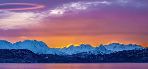 Images Dated 21st March 2023: USA, Alaska. Sunrise panoramic on mountains and Chilkat River
