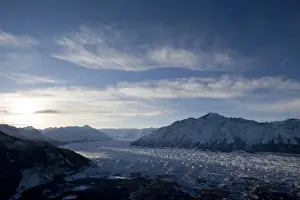 Crevasse Prints: USA, Alaska, View from summit of Lions Head peak of morning sun rising over Matanuska Glacier