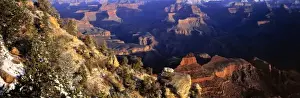 South Rim Prints: USA, Arizona, Grand Canyon NP. Snow dusts the sagebrush at Yaki Point on the South