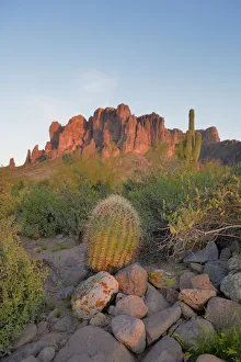 Images Dated 10th July 2017: USA, Arizona, Lost Dutchman State Park, Barrel Cactus in front of the Superstition