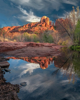 Flat Prints: USA, Arizona. Mountain reflects in pond