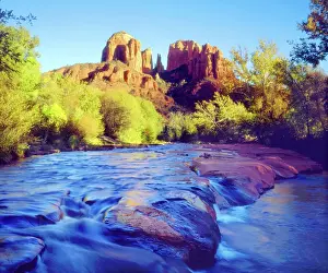 Flowing Prints: USA, Arizona, Sedona. Cathedral Rock reflecting in Oak Creek. Credit as: Christopher