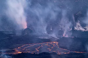 Smoke Prints: USA, Big Island, Hawaii. Smoldering eruption of Kilauea at sunrise
