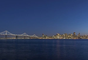 USA, CA, San Francisco, Bay Bridge & Downtown Skyline at Twilight