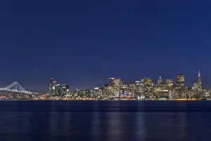 Blue Hour Prints: USA, CA, San Francisco, Bay Bridge & Downtown Skyline at Twilight