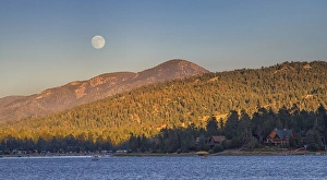 Moonrise Prints: USA, California, Big Bear. Moonrise and sunset over Big Bear Lake in Southern California