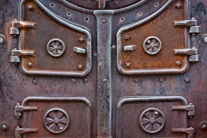 Machinery Prints: USA, California, Bodie. Close-up of old boiler doors