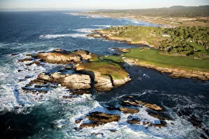 USA. California. Carmel. Aerial of the Pebble Beach Golf course and a sweeping view of Carmel