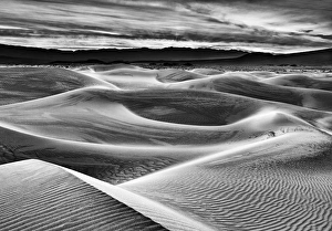 Damp Prints: USA, California, Death Valley National Park, Dawn over Mesquite Flat Dunes in black