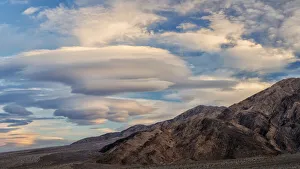 Death Valley Prints: USA, California, Death Valley National Park, Panorama of lenticular clouds at sunset