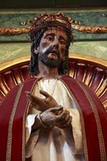 Fremont Prints: USA, California, Fremont, Mission San Jose. Close-up of painted wooden statue depicting