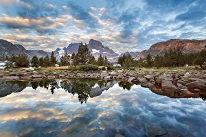 USA, California, Inyo National Forest. Mount Ritter and Banner Peak reflected in Garnet Lake