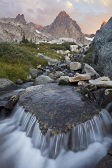 USA, California, Inyo National Forest. Stream with waterfall and Mount Ritter. Credit as