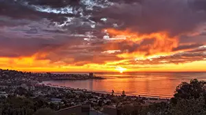 USA, California, La Jolla, Panoramic view of sunset over La Jolla Shores and village