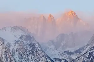 Lone Pine Prints: USA, California, Lone Pine. Sunrise on Mount Whitney as seen from the Alabama Hills