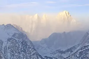 Images Dated 18th March 2012: USA, California, Lone Pine. Sunrise on Mount Whitney as seen from the Alabama Hills