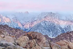 Images Dated 18th March 2012: USA, California, Lone Pine. Sunrise on Mount Whitney as seen from the Alabama Hills