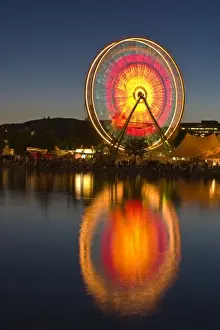 Carnival Prints: USA, California, Marin County. Spinning ferris wheel reflects in lake at Civic Center Fairgrounds