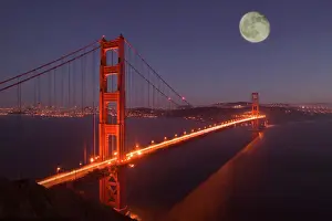 Twilight Prints: USA, California, Marin. Moonrise above the Golden Gate Bridge and San Francisco