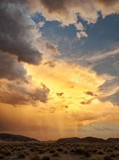 USA, California, Mojave National Preserve, Desert rain squall at sunset
