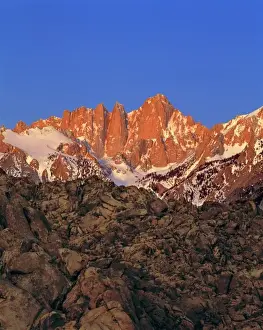 Mt Whitney Prints: USA, California, Mt Whitney. Sunrise colors the rocks pink at Mt Whitney, California