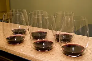Wine Tasting Prints: USA, California, Napa Valley. Six glasses of red wine poured for tasting. Credit as