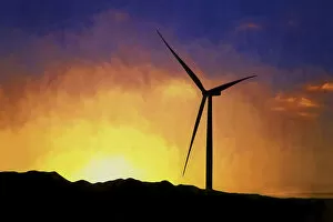 USA, California, Ocotillo Wind Energy Facility. Silhouette of wind turbine at sunset