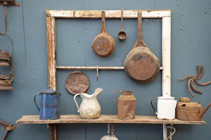 USA, California. Old pots, pans and water pitchers. (PR)