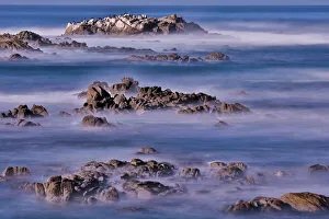 Crashing Prints: USA, California, Pacific Grove. Monterey Bay, surf crashing in on rocks
