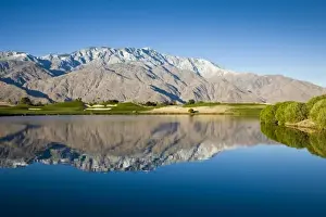Golf Prints: USA, California, Palm Springs. Desert Princess Golf Course and Mountains, winter