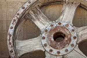 Wheel Prints: USA, California, Randsburg. Old wooden and metal wheel
