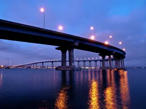 Lights Prints: USA, California, San Diego, Coronado Bridge curves over San Diego Bay