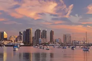 USA, California, San Diego. Sunset view of marina and downtown