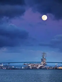 Ship Prints: USA, California, San Diego, USS Nimitz moored under full moon in San Diego Bay