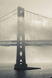 Bay Bridge Prints: USA, California, San Francisco, Embarcadero, Bay Bridge in fog