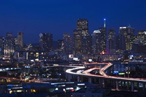 City View Prints: USA, California, San Francisco, Potrero Hill, view of downtown and I-280 highway, evening