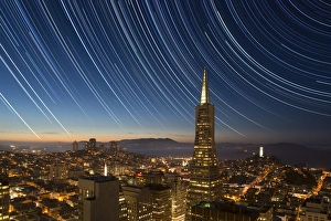 Images Dated 13th June 2016: USA, California, San Francisco. Composite of star trails above Transamerica Building