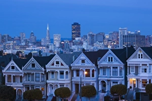 Alamo Square Prints: USA, California, San Francisco, The Haight, houses at Alamo Square, dusk