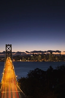 City View Prints: USA, California, San Francisco, Bay Bridge and city skyline from Treasure Island, dusk