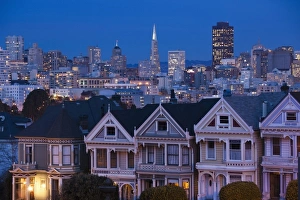 Alamo Square Prints: USA, California, San Francisco, The Haight, houses at Alamo Square, dusk