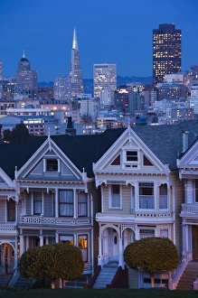 Alamo Square Prints: USA, California, San Francisco, The Haight, houses at Alamo Square, dusk