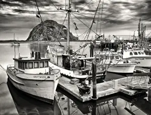 Images Dated 27th March 2012: USA, California, Sepia-tinted fishing boats docked in Morro Bay at dawn